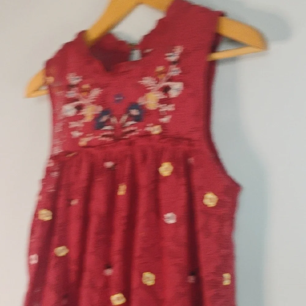 Mi ami Red Sleeveless Ruffled Crew Neck Floral Embroidered Sleeveless Sundress S
